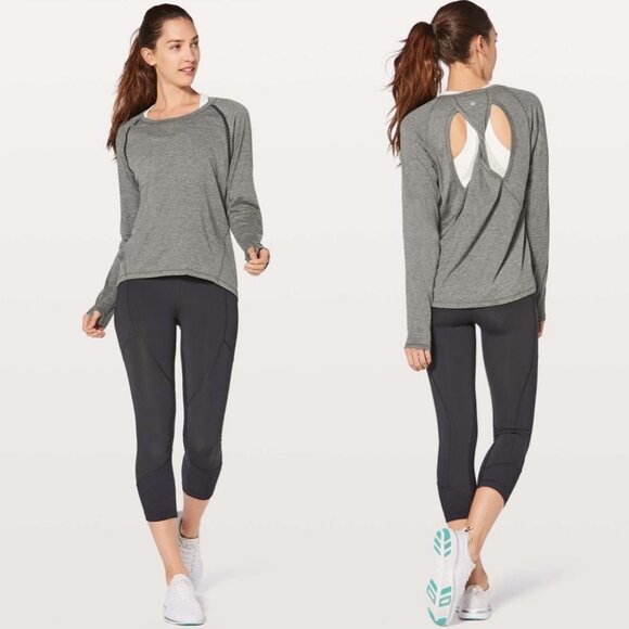 Lululemon Stop Drop Squat Long Sleeve Tee Grey Size 4 Twist Open Back Top Run - Picture 2 of 10